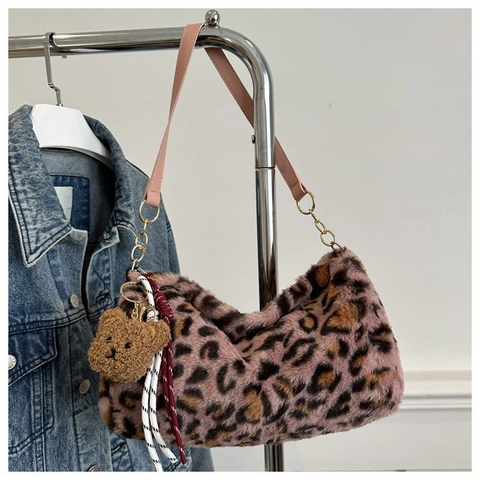 Damen Mode Leopardenmuster Plüsch Tragetasche Große Kapazität Kunstpelz Umhängetasche Herbst Winter Freizeit Handtasche