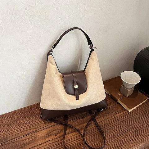 Bolso de Mano de Gamuza de Gran Capacidad para Mujer Retro Costura Bolso de Hombro Bolso Hobo de Diario Estilo Metropolitano