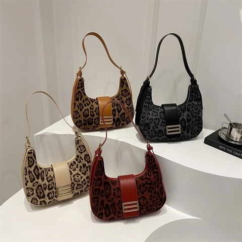 Borsa Sottobraccio Vintage con Stampa Leopardata Donna Microfibra Pelle Hobo Borsa a Spalla con Fibbia in Metallo Moda Strada