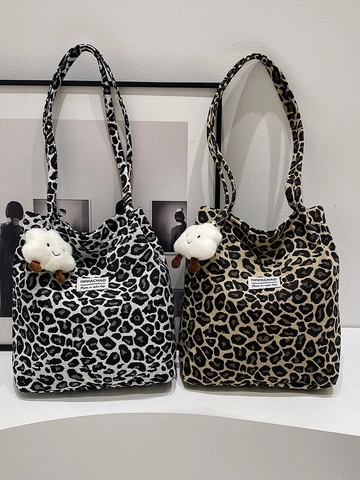 Sac Cabas Imprimé Léopard Vintage pour Femmes Sac à Épaule en Nylon Grande Capacité avec Pendentif Nuage en Peluche Sac de Trajet Style Coréen