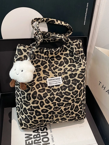 Sac Cabas Imprimé Léopard Vintage pour Femmes Sac à Épaule en Nylon Grande Capacité avec Pendentif Nuage en Peluche Sac de Trajet Style Coréen