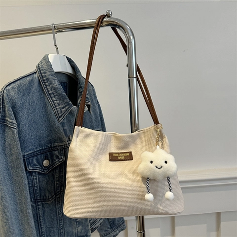 Sac Fourre-Tout en Toile Minimaliste Urbain pour Femmes Texture Gaufre Grande Capacité Sac à Épaule Avec Boucle Magnétique Sac Décontracté