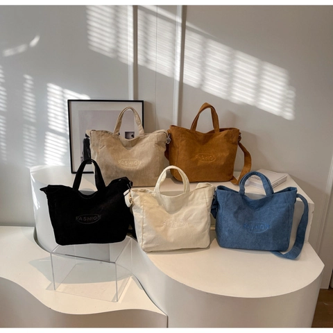 Bolso Tote de Pana para Mujer Gran Capacidad Retro Occidental Bordado de Letras Bolso de Hombro Cruzado Casual Simple