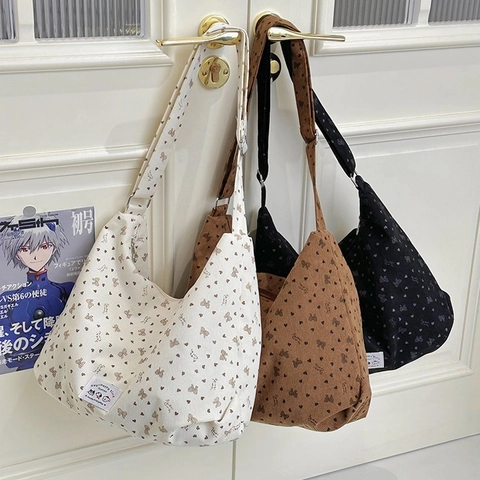 Damen Cord Schultertasche Minimalistisch Schleife Herz Print Große Kapazität Verstellbarer Riemen Casual Umhängetasche Tote