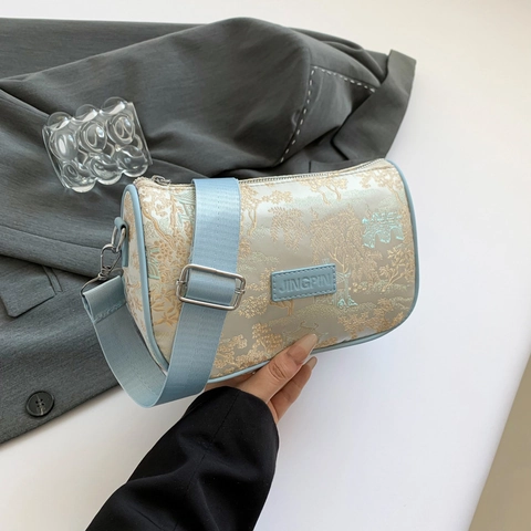 Sac Boston Brodé de Style Nouveau Chinois pour Femmes Vintage Paysage Jacquard Sac à Épaule Satin Sac à Main Cylindre