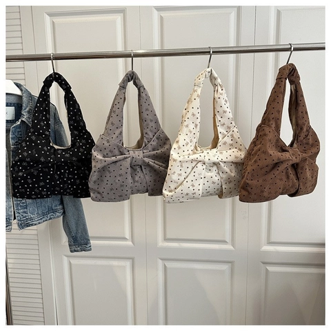 Borsa Tote Grande da Donna in Velluto a Coste con Decorazione a Fiocco Dolce Stampa a Cuore Borsa a Spalla Moda Coreana Handbag