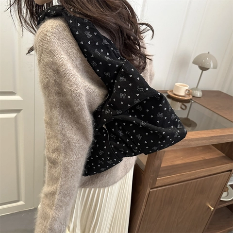 Borsa Tote Grande da Donna in Velluto a Coste con Decorazione a Fiocco Dolce Stampa a Cuore Borsa a Spalla Moda Coreana Handbag