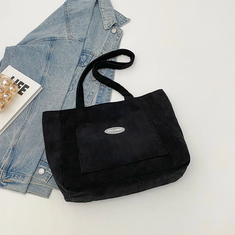 Borsa Tote in Tela Semplice Vintage Grande Capacità per Donna Dettaglio Impuntura Tracolla Singola Borsa Casual Quotidiana