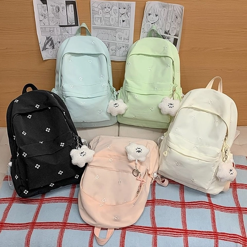 Zaino in Nylon Coreano Fresco e Dolce per Donna Con Ricamo Floreale Grande Capacità Cartella Casuale per Studenti Con Ciondolo in Peluche