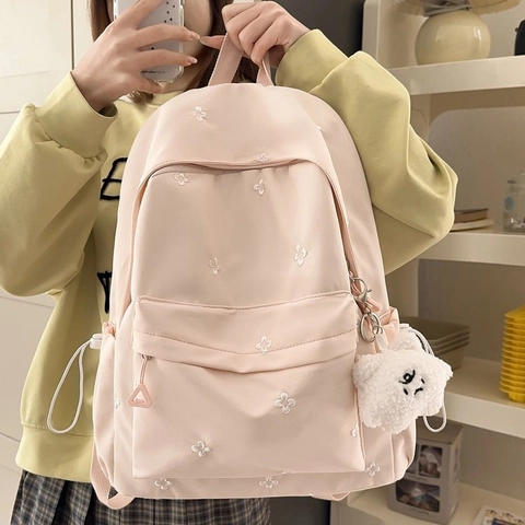 Zaino in Nylon Coreano Fresco e Dolce per Donna Con Ricamo Floreale Grande Capacità Cartella Casuale per Studenti Con Ciondolo in Peluche