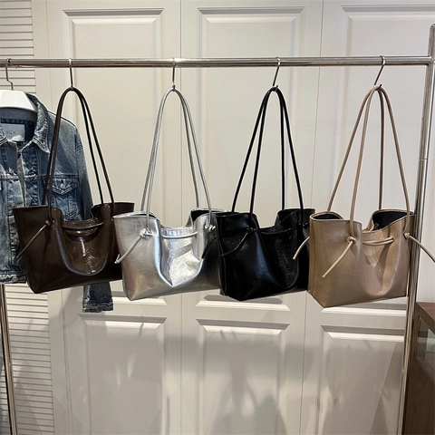 Retro Minimalist Large Capacity Tote Bag For Women Fashion PU Leather Shoulder Bag Casual Commute Solid Color Handbag