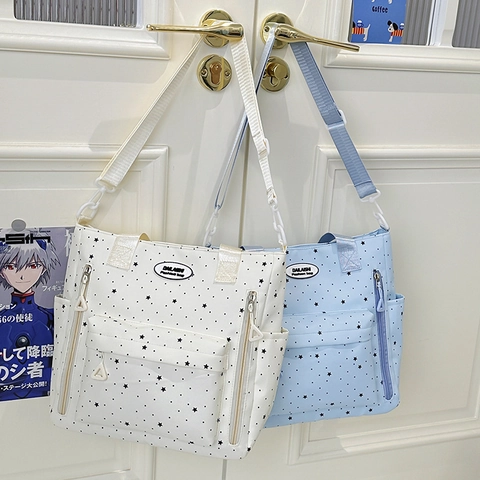 Women Nylon Star Pattern Tote Bag Large Capacity School Shoulder Bag With Adjustable Strap Printed Casual Daily Handbag