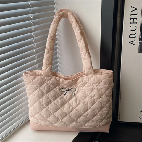 Dames Gewatteerde Nylon Tote Bag Minimalistisch Grote Capaciteit Ruitpatroon Schoudertas Met Strik Decoratie Voor Woon-werkverkeer