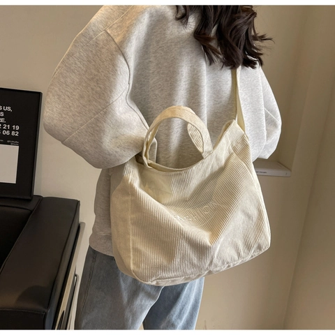 Bolso Tote de Pana para Mujer Gran Capacidad Retro Occidental Bordado de Letras Bolso de Hombro Cruzado Casual Simple