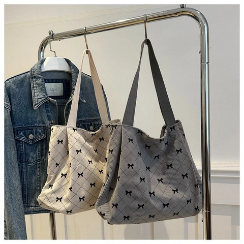 Sac Fourre-tout en Velours Côtelé Grande Capacité pour Femmes Motif Rhombique Noeud Papillon Sac à Main Urbain Simple