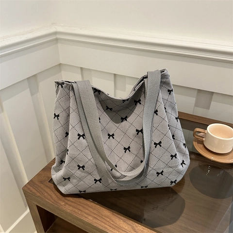 Sac Fourre-tout en Velours Côtelé Grande Capacité pour Femmes Motif Rhombique Noeud Papillon Sac à Main Urbain Simple