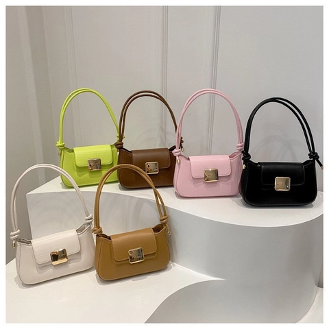 French Vintage Women Underarm Bag Microfiber Leather Metal Buckle Knot Strap Shoulder Bag Solid Color Baguette Purse