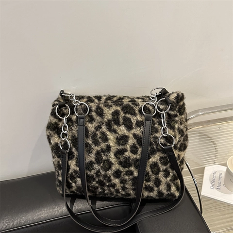 Borsa Tote in Peluche Leopardata da Donna in Pelliccia Sintetica Grande Capacità Borsa a Tracolla Con Catena Moda Autunno Inverno
