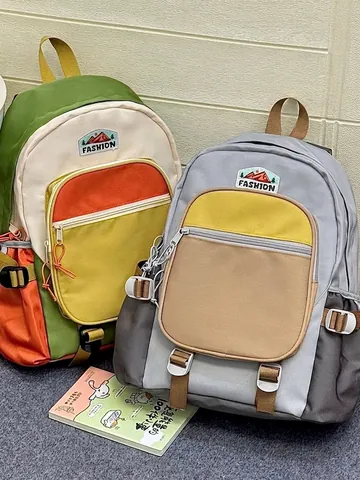 Sac à Dos en Nylon Patchwork de Grande Capacité Cartable Léger pour Étudiants Sac à Dos de Voyage Décontracté Unisexe