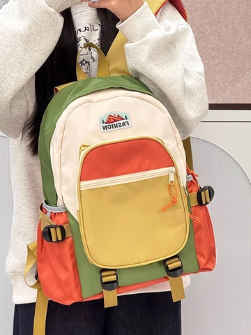 Sac à Dos en Nylon Patchwork de Grande Capacité Cartable Léger pour Étudiants Sac à Dos de Voyage Décontracté Unisexe