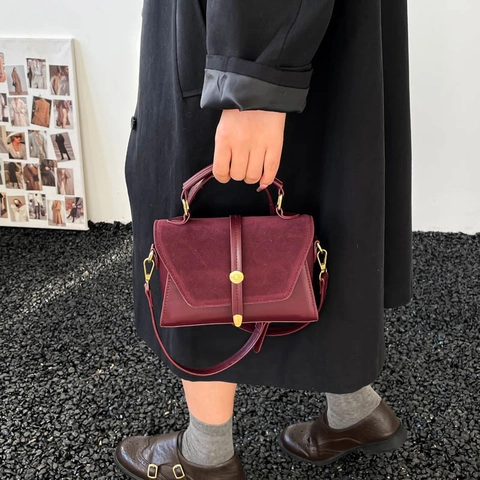 Women Retro Minimalist Shoulder Crossbody Bag Matte PU Leather Patchwork Fashion Square Handbag Gold Hardware Daily Bag