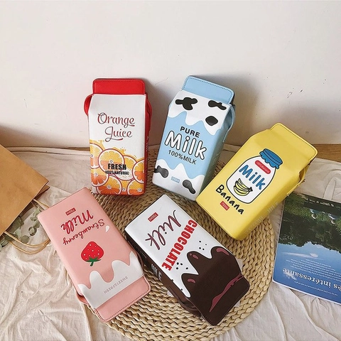 Funny Milk Box Shaped Crossbody Bag Women Creative Juice Carton Shoulder Bag PU Leather Cute Girls Fashion Messenger Bag Daily