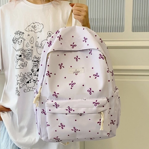 Casual Bedrukte Nylon Rugzak Voor Dames Strik Stippenpatroon Schooltas Grote Capaciteit Reistas Voor Studenten