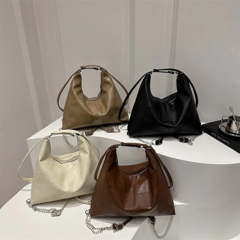 Damen Große Kapazität PU Leder Patchwork Schultertasche Minimalistische Tote Unterarmtasche Mit Kette Street Style Alltag Pendeln Hobo Handtasche