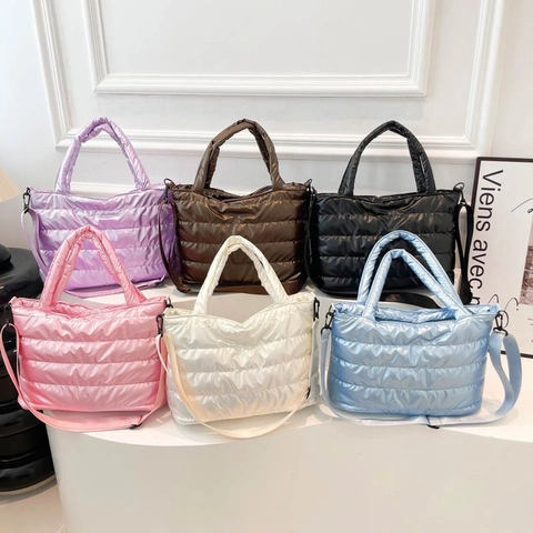 Borsa Tote Piumino Trapuntata Lucida da Donna Borsa a Tracolla Imbottita Leggera a Tracolla a Grande Capacità Con Tracolla Regolabile