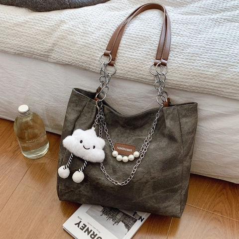 Damen Retro Wildleder Tote Bag Mit Großer Kapazität Metallkette Künstliche Perlen Dekor Urban Minimalistisch Pendler Umhängetasche