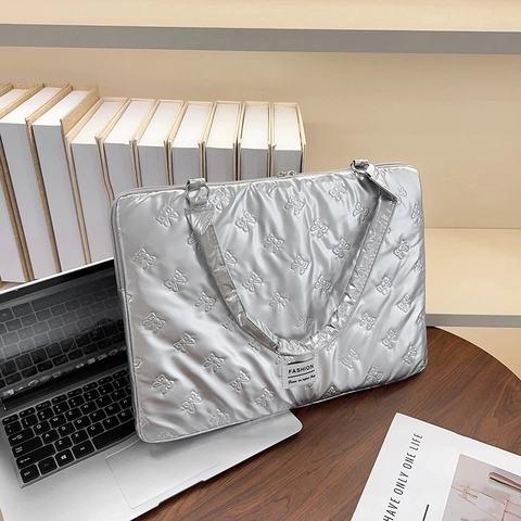 Gesteppte Laptoptasche Damen Mit Schleifenmuster Nylon Gepolsterte Metallic Tote Handtasche Modische Pendler Schutzhülle Computerhülle