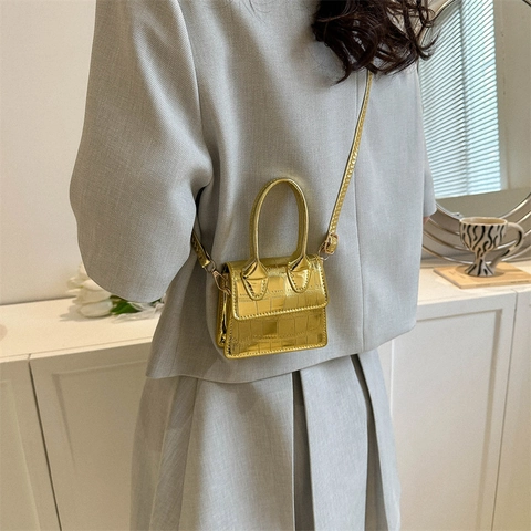 Women Mini Crossbody Bag Crocodile Pattern Metallic PU Leather Top Handle Shoulder Bag Street Style Small Square Bag
