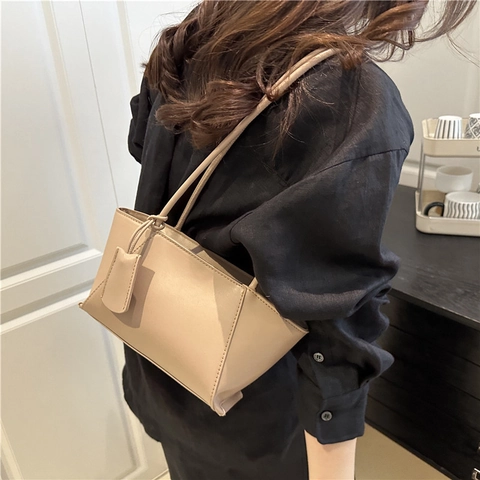 Bolso de Hombro de Cuero Sintético Retro de Gran Capacidad para Mujer Minimalista Color Sólido Bolso de Axila Tote Bag Detalle de Costura