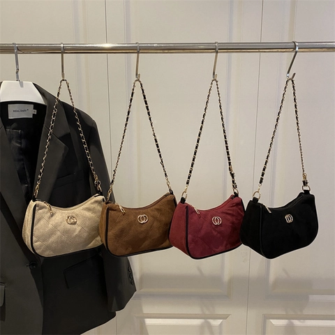Borsa Sottobraccio da Donna in Finta Scamosciata Stile Francese Vintage Trapuntata a Rombi Tracolla a Catena Dorata Casual