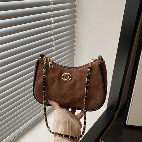Borsa Sottobraccio da Donna in Finta Scamosciata Stile Francese Vintage Trapuntata a Rombi Tracolla a Catena Dorata Casual