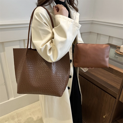 Ensemble Sac Cabas Femme Grande Capacité Texture Tissée Sac à Bandoulière en Cuir Synthétique Avec Pochette Intérieure