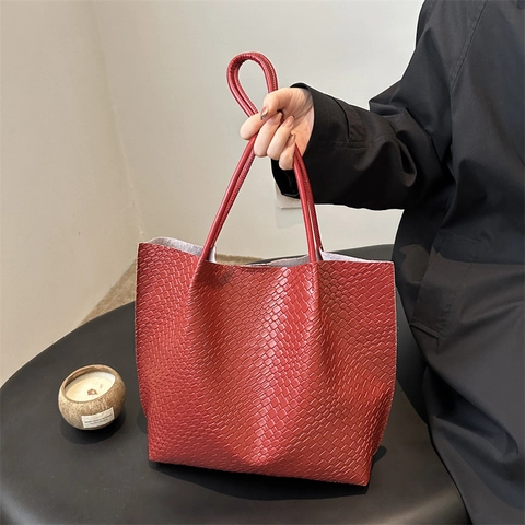 Ensemble Sac Cabas Femme Grande Capacité Texture Tissée Sac à Bandoulière en Cuir Synthétique Avec Pochette Intérieure