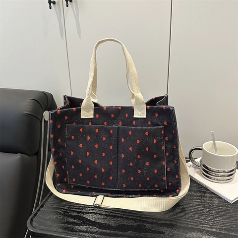 Women Corduroy Heart Print Tote Bag Casual Large Capacity Shoulder Crossbody Bag With Adjustable Strap For School Daily Use