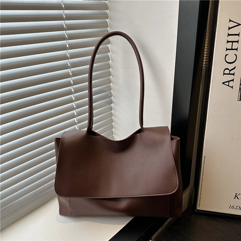 Large Capacity PU Leather Tote Bag For Women Vintage Urban Minimalist Flap Shoulder Bag Square Commute Handbag Stitching Design