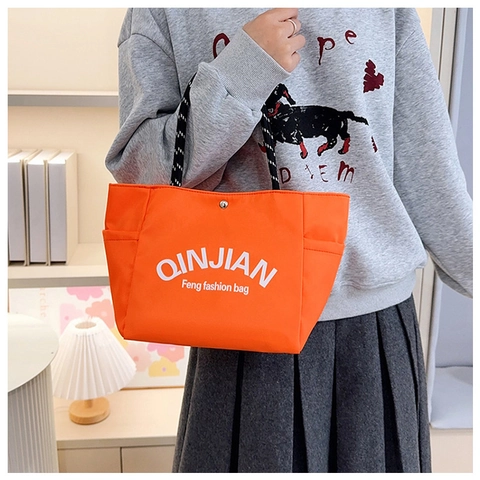 Women's Casual Nylon Tote Bag Large Capacity Letter Print Handbag With Braided Rope Handle For Daily Commuting Shoulder Bag