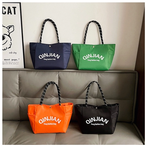 Women's Casual Nylon Tote Bag Large Capacity Letter Print Handbag With Braided Rope Handle For Daily Commuting Shoulder Bag