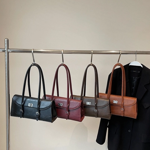 Bolso de Axila Baguette de Cuero PU Vintage para Mujer Bolso de Hombro Retro Color Sólido Con Cierre de Giro Metálico Plateado