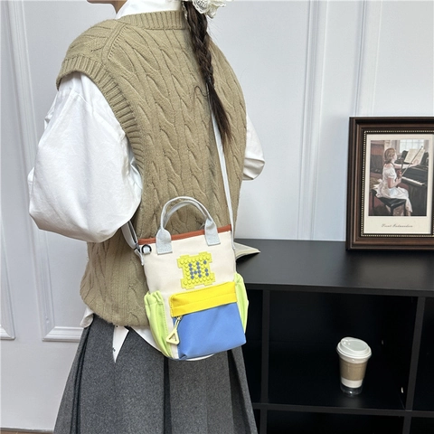 Sac Bandoulière Décontracté en Nylon pour Femmes Bloc de Couleur Design Pixel Petit Sac à Main pour Voyage Accessoire