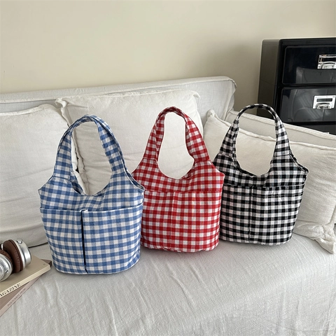 Vrouwen Casual Gingham Emmer Tas Contrast Kleur Grote Capaciteit Handtas Met Voorzakken Polyester Katoen Top Handvat Tas