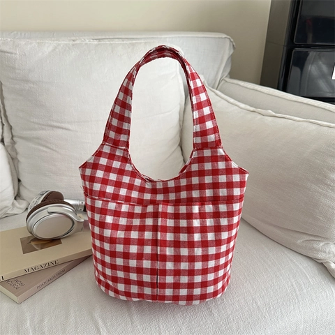 Vrouwen Casual Gingham Emmer Tas Contrast Kleur Grote Capaciteit Handtas Met Voorzakken Polyester Katoen Top Handvat Tas
