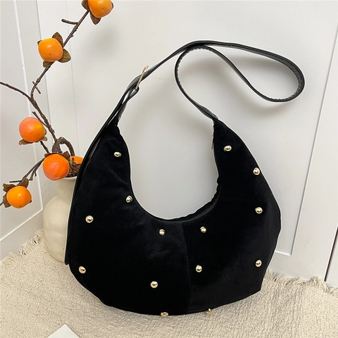 Vintage Suede Crescent Hobo Bag For Women Gold Rivet Studded Underarm Bag Adjustable Strap Fashion Solid Color Shoulder Bag