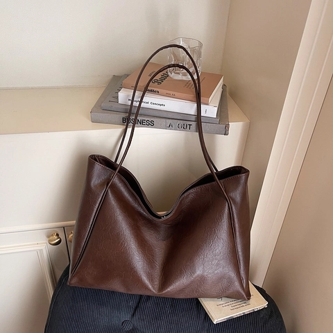 Bolso de Mano Grande de Cuero Sintético para Mujer Con Bolso Conjunto Color Sólido Simple Bolso de Hombro para Trabajo Diario
