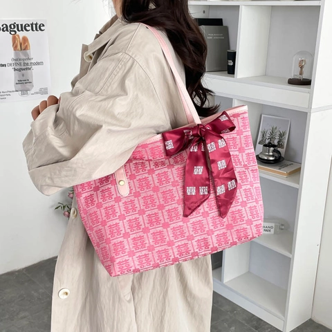 Borsa Tote da Donna Jacquard Doppia Felicità per Matrimonio Cinese Grande Capacità Rosso Rosa Fiocco Borsa a Spalla per Sposa