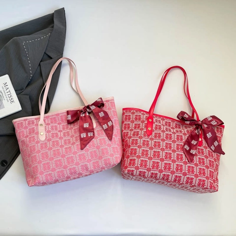 Borsa Tote da Donna Jacquard Doppia Felicità per Matrimonio Cinese Grande Capacità Rosso Rosa Fiocco Borsa a Spalla per Sposa
