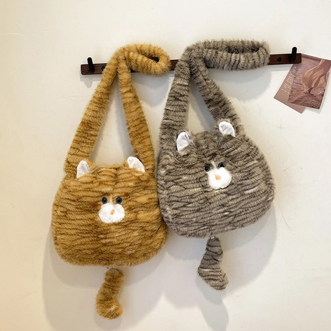 Bolso de Hombro de Peluche con Forma de Gato Lindo para Mujer Bolso de Mano de Rayas de Piel Sintética Diseño de Animales de Dibujos Animados Gran Capacidad Bolso Informal de Otoño Invierno